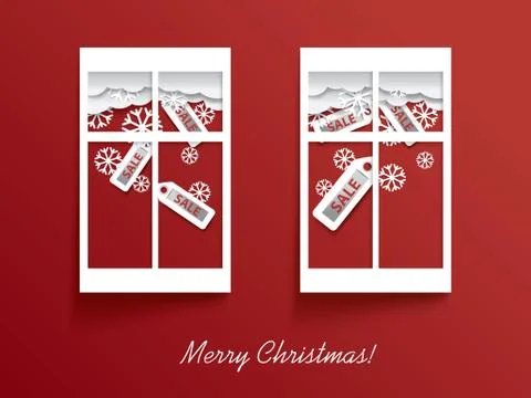Christmas card vector design with two windows and sales stickers Stock Illustration