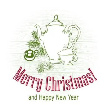 Christmas card vector retro style drawn sketch tree teapot cups tea Stock Illustration