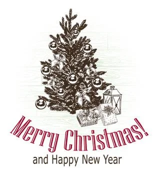 Christmas card victorian style tree presents sketch engraving drawn Stock Illustration