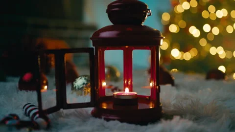 Christmas Carpet Scene With Lantern And Baubles Stock Footage 320290782