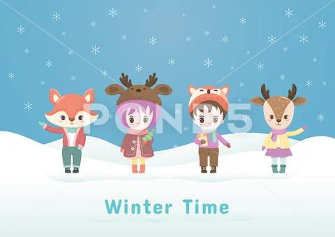 Christmas cartoon character in the winter background with snowflake. Stock Illustration