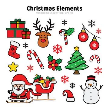 Christmas cartoon elements set with Santa Claus and festive .Vector illustr.. Stock Illustration