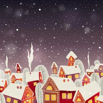 Christmas cartoon style vector background with houses Stock Illustration