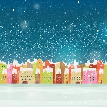 Christmas cartoon style vector background with houses Stock Illustration