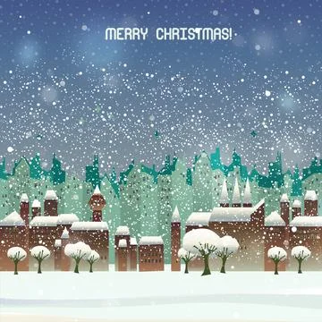 Christmas cartoon style vector background with houses Stock Illustration