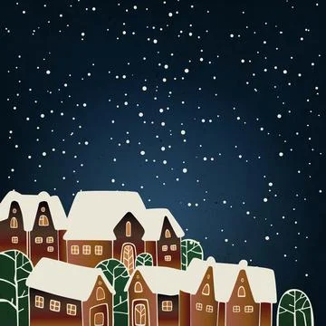 Christmas cartoon style vector background with houses Stock Illustration