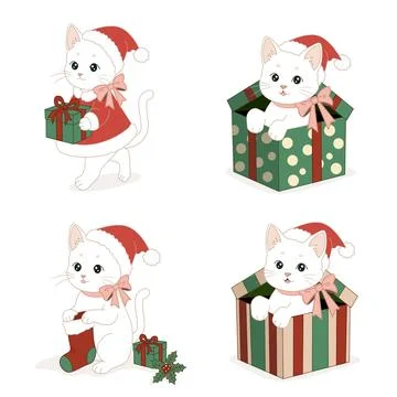 Christmas cat vector set with gift boxes and festive holiday elements イラスト素材
