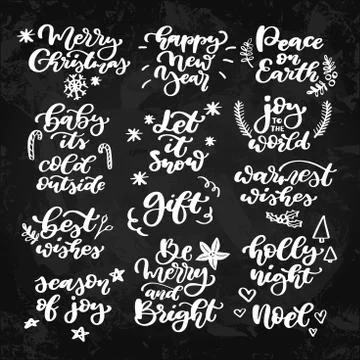 Christmas chalk lettering vector set on blackboard. Isolated handwriting Stock Illustration