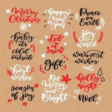 Christmas chalk lettering vector set on craft. Isolated handwriting calligraphy Stock Illustration