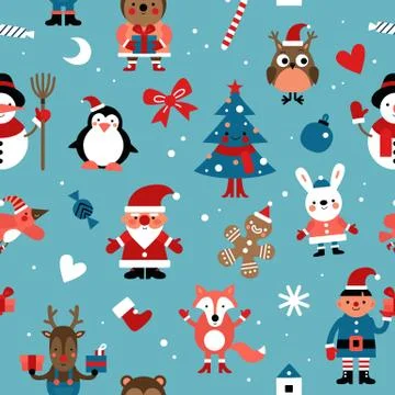 Christmas characters pattern. Santa, gingerbread Man and rabbit, elf and deer Stock Illustration