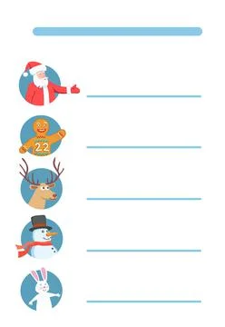 Christmas Characters in Stylized Timetable or Menu. Schedule for New Year Stock Illustration
