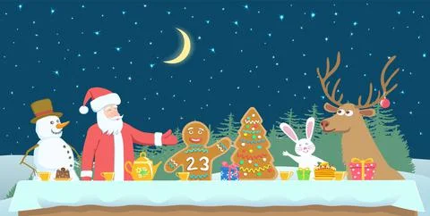 Christmas Characters at the table served for celebrating New Year with cakes Illustrazione stock