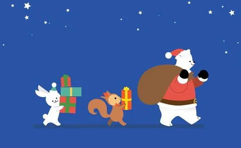 Christmas characters walking with gift boxes Stock Illustration