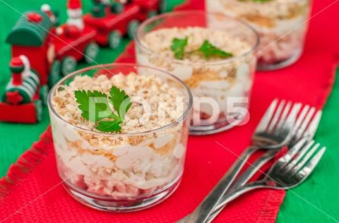 Christmas Chicken, Apple, Cheese and Egg Salad Layered with Mayonnaise Stock Photos