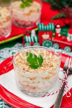Christmas Chicken, Apple, Cheese and Egg Salad Layered with Mayonnaise Stock Photos