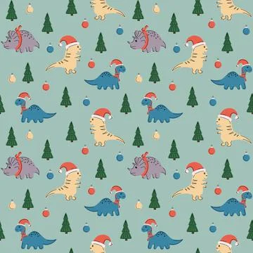 Christmas children's vector pattern with cartoon dinosaurs and Christmas tree Illustrazione stock
