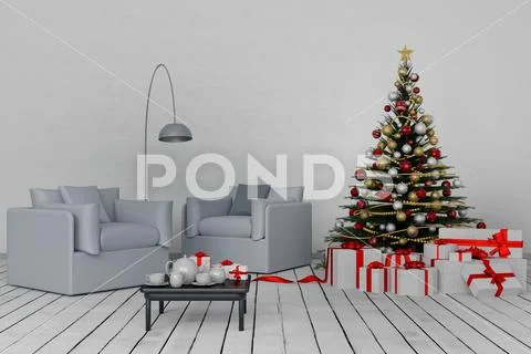 Christmas. Christmas tree in the living room - 3D illustration. Stock Illustration