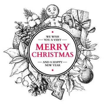 Christmas circle frame. Vector hand drawn illustration with holl Stock Illustration