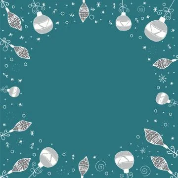 Christmas circle frame with white hand drawn elements on a blue background. Illustrazione stock
