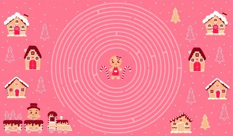 Christmas circle maze with gingerbread characters and houses for printable wo Stock Illustration