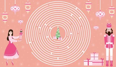 Christmas circle maze with nutcracker character and ballerina, help to find way 스톡 일러스트
