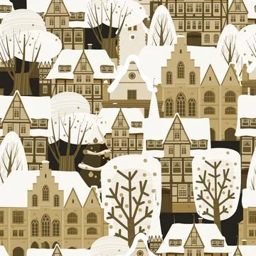 Christmas City Winter seamless pattern. European old architecture , houses trees Stock Illustration