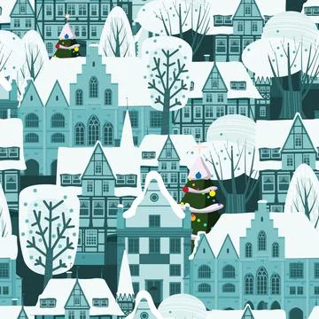Christmas City Winter seamless pattern. European old architecture , houses tr Stock Illustration