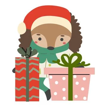 Christmas clipart with cute hedgehog and xmas presents. Stock Illustration