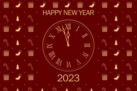 Christmas clock on a festive red background. 2023 new year Stock Illustration