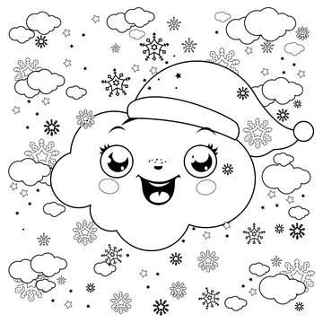 Christmas clouds snowing. Vector black and white coloring page Stock Illustration