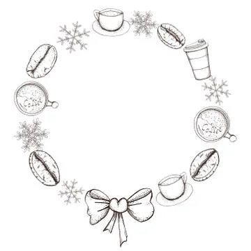 Christmas coffee frame with beans, cups Stock Illustration
