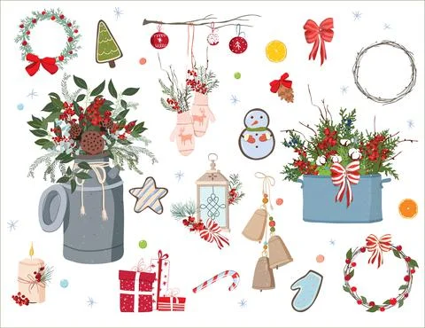 Christmas collection of decorative winter elements. Bouquets of laurel, spruc Stock Illustration