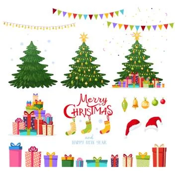 Christmas collection with decorative winter objects - toys, flags, confetti Stock Illustration
