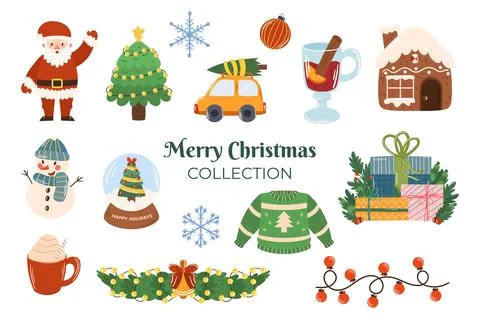 Christmas collection of different elements such a Santa Claus, decorated tree Stock Illustration