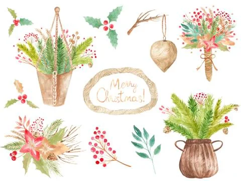 Christmas collection of floral elements for decorating greeting cards and cards Stock Illustration