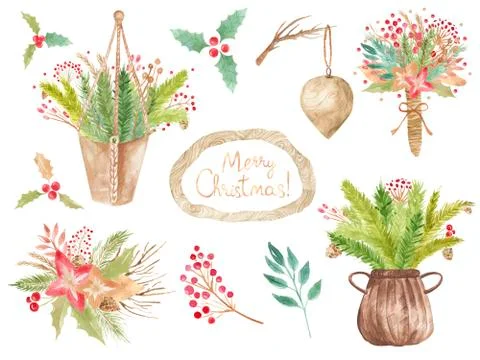 Christmas collection of floral elements for decorating greeting cards and cards Illustrazione stock