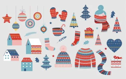 Christmas collection of illustrations, winter patterned elements. Sweater, girl イラスト素材