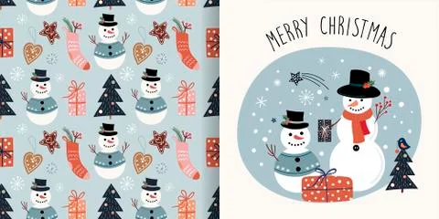 Christmas collection with seamless pattern and greeting card Stock Illustration