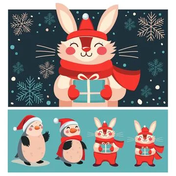 Christmas collection of vector elements. Set of cute animals 스톡 일러스트