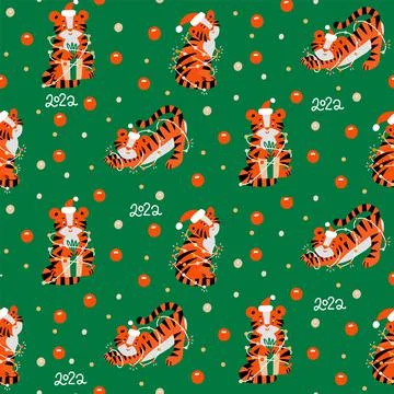 Christmas colored seamless pattern with 2022 New Years symbol. Small Tiger with Stock Illustration