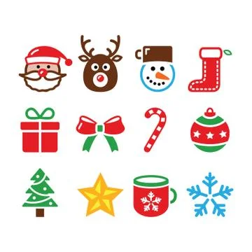 Christmas colorful icons set - Santa, present, tree, Rudolf Stock Illustration