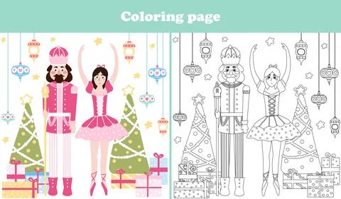 Christmas coloring page with cute nutcracker character and ballerina in carto Illustrazione stock