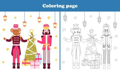 Christmas coloring page with cute nutcracker character and mouse king fightin 스톡 일러스트