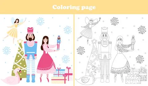 Christmas coloring page with cute nutcracker character and ballerina, flying  스톡 일러스트