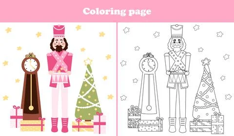 Christmas coloring page with cute nutcracker character and xmas tree with gif Illustrazione stock