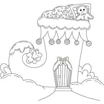 Christmas coloring page with elf boot house with gingerbread man, sweets an.. Stock Illustration