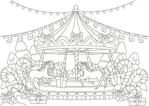 Christmas coloring page with merry-go carousel with christmas decorations a.. Stock Illustration