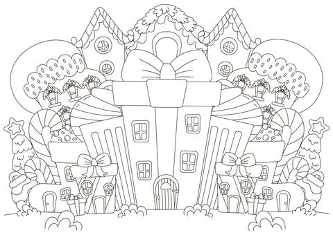 Christmas coloring page with town created from gift shaped houses and Chris.. Stock Illustration
