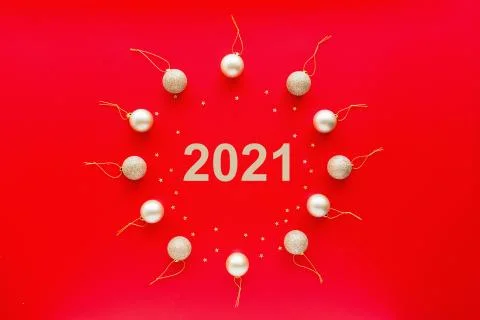 Christmas composition with accessories lying on red background. new year concept 스톡 사진