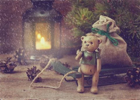 Christmas composition  with the bear, sled with bag of gifts, candle lantern, Ch Stock Photos